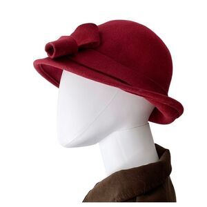 Red Wool Felt Cloche Hat with Bow,OS